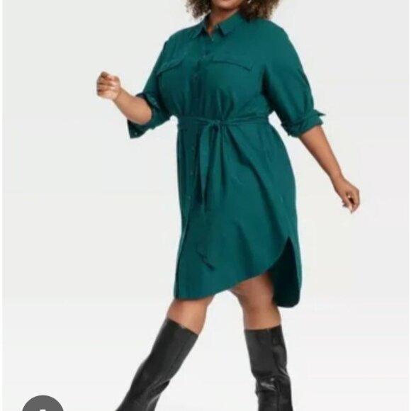Teal Green Long Sleeve Button Down Shirt Dress With Waist Tie 3X - Picture 1 of 10